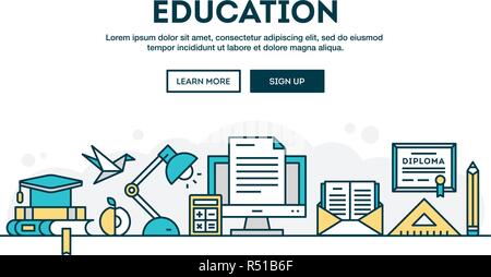 L'éducation, l'en-tête, concept coloré modèle plat style ligne mince Illustration de Vecteur