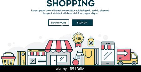 Achats en ligne, concept coloré en-tête, modèle plat, style de ligne mince Illustration de Vecteur