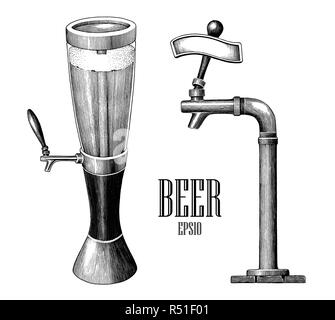 Tour de la bière et de la bière à la main vintage distributeur tirer leur gravure isolé sur fond blanc Illustration de Vecteur