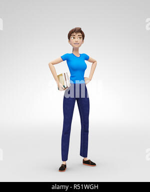 Souriant, intelligent et engagé Jenny - 3D Character - Nerd student with Books Banque D'Images