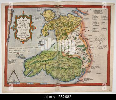 Carte imprimée aux couleurs du Pays de Galles et Anglesey. L'Atlas de lord Burghley. Londres ; 1579. Source : Royal 18 D. III, ff.98V-99. Langue : Anglais. Auteur : SAXTON, Christopher. Lloyd, Humphrey. Banque D'Images