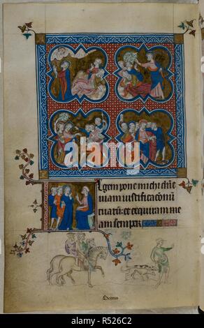 Miniature de quatre scènes de Gethsémani dans quatrefoils : (en haut à gauche) le Christ priant, (en haut à droite) le Christ trouve les trois disciples dormir, (en bas à gauche) le Christ s'adresse à ceux qui sont venus pour l'emmener loin, (en bas à droite) Judas embrasse le Christ et le Christ est saisi, Peter éliminer Malchus' oreille, d'une initiale historiée 'L'(egem) du Christ et deux autres devant le souverain sacrificateur. Un bas-de-page scène d'Edward, roi et martyr, école de chasse, avec deux personnages à cheval, l'une sur pied, et deux chiens. Psautier ('Le psautier de la Reine Mary"). Angleterre (Londres/Westminster ou East Anglia ?) ; entre 131 Banque D'Images