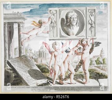 Quatre putti tenant une guirlande et un buste de Andrea Mantegna gravés dans la pierre, avec une tablette inscrite à leurs pieds à gauche et une vue sur l'église de l'Eremitani et la ville de Padoue, dans l'arrière-plan. Page de titre à l'ensemble de cinq impressions après les fresques d'Andrea Mantegna dans la Chapelle Ovetari de l'église de l'Eremitani, Padoue. [Gênes ?] : [éditeur non identifiés], MDCCLXXVI. La gravure à la main. Source : Maps K.Haut.79,22.e. Langue : Italien. Banque D'Images