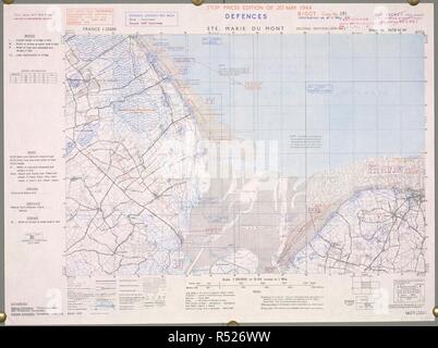 Ste. Marie du Mont. Sainte-Marie-du-Mont, France. Utah Beach. Une carte de la Seconde Guerre mondiale. Il est plus connu pour être le théâtre d'engagement militaire entre la 101e Division aéroportée américaine et la Wehrmacht allemande le jour J, le 6 juin 1944. Sainte Marie du Mont a été le premier village à être libérée en Normandie. France 1:25 000 Défenses, Bigot. [Paris] : Bureau de la guerre, 1944. Source : Maps 14317.(259.) 34-18 NW. Banque D'Images