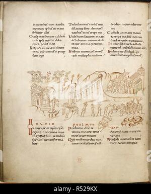 Dessin plume illustrant le Psaume 25. Psautier, dans la version romaine, imparfaite, se terminant dans le psaume 143 (Harley Psautier). L'Angleterre, S. E. (Canterbury) ; 1ère moitié du 11e siècle. Source : Harley 603, f.14v. Langue : le latin. Banque D'Images