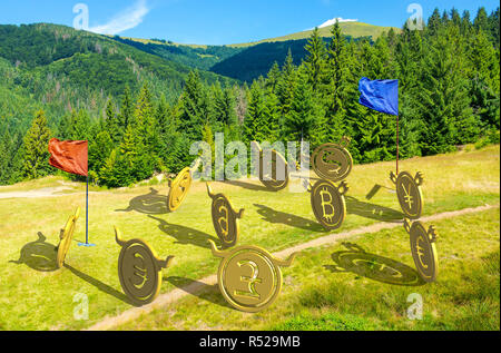 Guerre des monnaies. bulls vs bears, bitcoin responsable de l'équipe. La bataille sur la colline près de la forêt. Capture the flag concept. joli paysage d'été avec mo Banque D'Images