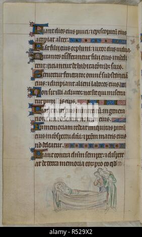 Bas-de-page lieux d'un moine avec un ulcered bouche présumé mort, avec quatre personnages à regarder . Psautier ('Le psautier de la Reine Mary"). Angleterre (Londres/Westminster ou East Anglia ?) ; entre 1310 et 1320. Source : Royal 2 B. VII, f.230v. Langue : Français de l'Amérique latine, avec les légendes des images. Banque D'Images