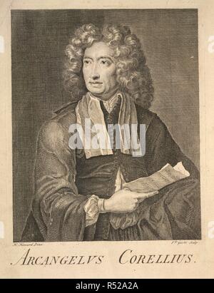 Portrait d'Arcangelo Corelli (1653 - 1713). Le violoniste et compositeur italien de la période baroque. Le Score des quatre opéras, contenant 48 ... sonates pour deux violons et une basse. (Le score des Douze Concertos, etc.) l'ensemble Revis'd et soigneusement corrigés par le Dr Pepusch. Londres : Imprimé pour I. Walsh, [1735 ?]. Source : g.39.b frontispice. Banque D'Images