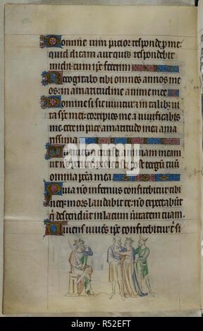 Bas-de-page scène de Catherine devant l'empereur, assisté par deux hommes. Psautier ('Le psautier de la Reine Mary"). Angleterre (Londres/Westminster ou East Anglia ?) ; entre 1310 et 1320. Source : Royal 2 B. VII, f.282v. Langue : Français de l'Amérique latine, avec les légendes des images. Banque D'Images