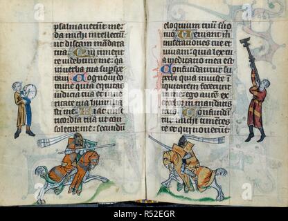 Jousting Knights. Livre d'heures. S. Pays-bas (¨LiÃ ge) ; 1310-1320. [Ensemble] Bureau d'ouverture de la Vierge à Terce. Des marginaux de musiciens, l'un jouant un tambour, une autre d'une trompette. Marge inférieure ; deux chevaliers sur l'image réalisée à partir de joutes Livre d'heures. Publié à l'origine/produit dans S. Pays-bas (¨LiÃ ge) ; 1310-1320. . Source : Stowe, 17 et suiv.95V-96. Langue : le latin. Banque D'Images