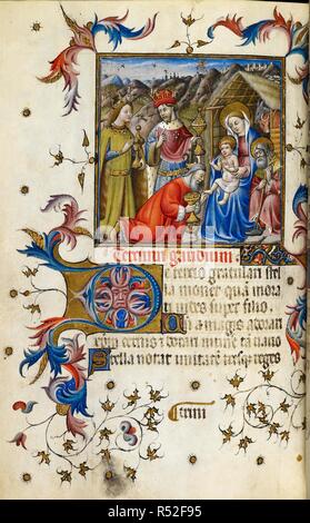 Les trois Rois Mages devant la Vierge et l'enfant, avec Joseph. Psautier et heures d'Alphonse V d'Aragon. Espagne Aragon [probablement] ; vers 1442. Source : ajouter. 28962, f.338v. Langue : le latin. Banque D'Images