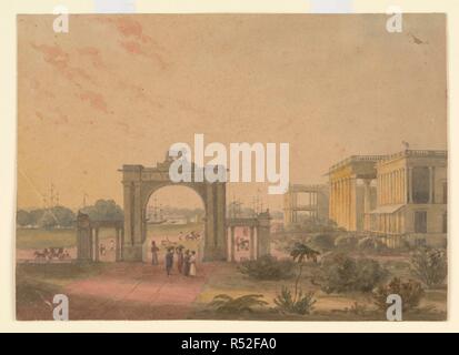 Vue du jardin de la Maison du Gouvernement, Calcutta, avec le sud-ouest de gateway à l'avant-plan et Chandpal Ghat et le fleuve Hooghly au loin. Vue du jardin de la Maison du Gouvernement, Calcutta. c.1825. Couleur de l'eau ; 18,2 par 25,5 cm. Source : RM 3384. Auteur : ANON. Banque D'Images