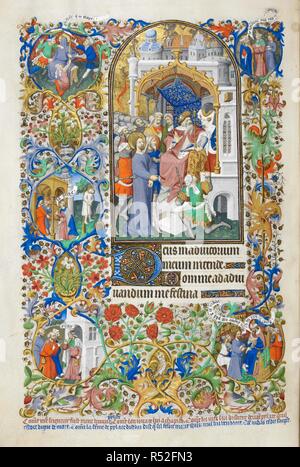 Heures de la passion : le Christ devant Pilate, avec des scènes supplémentaires à la frontière qu'on se moque du Christ, Judas de retourner l'argent et son suicide ; Pilate et les Juifs, Pilate et le Christ (Premier). . Heures de Bedford. Paris ; 1414-1423. Grand en couleurs et miniatures d'or au début de chaque Heure canonique avec pleine historiés frontière. Chaque page de texte est entouré de frontières complet y compris les médaillons et exposé des versets en bleu et or dans la marge inférieure. Source : ajouter. 18850 f.227v. Langue : le latin et le français. Author : atelier du maître du duc de Bedford. Banque D'Images