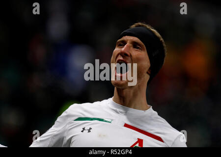 Moscou, Russie - le 28 novembre : Vladislav Ignatiev du FC Lokomotiv Moscou fête son but pendant le match du groupe D de la Ligue des Champions entre le FC Lokomotiv Moscou et à Galatasaray Lokomotiv Stadium le 28 novembre 2018 à Moscou, Russie. (MB) Banque D'Images