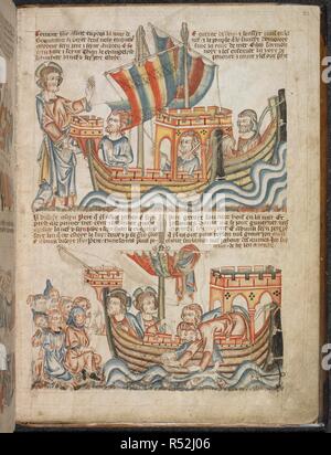 Christ appelant les apôtres. Holkham Bible Livre d'images. Angleterre, vers 1320-1330. [Ensemble] folio deux bateaux, l'un avec Pierre et André, l'autre avec Jacques et Jean, d'orienter vers le Christ. L'homme dans le premier bateau saisit la main du Christ. Les bateaux ont des voiles à rayures, des gouvernails, cultivateurs, et les timoniers. Ci-dessous, le Christ est montré d'abord à la la proue du bateau, face à la foule et d'enchères qu'ils se repentent, et encore face à l'arrière pour les poissons. Peter dit Deux disciples pencher pour élever un vaste filet maillé avec des poissons Image réalisée à partir d'Holkham Bible Livre d'images. Publié à l'origine/produit en Engla Banque D'Images