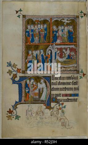 Miniature en trois parties de scènes de la vie de la Vierge, y compris l'hypothèse du Christ, la Pentecôte et la mort de Marie, avec une initiale historiée 'N'(unc) de la présentation au Temple. Un bas-de-page lieux d'un messager annonçant l'arrivée de quatre chevaliers à Thomas Becket. Psautier ('Le psautier de la Reine Mary"). Angleterre (Londres/Westminster ou East Anglia ?) ; entre 1310 et 1320. Source : Royal 2 B. VII, f.297v. Langue : Français de l'Amérique latine, avec les légendes des images. Banque D'Images