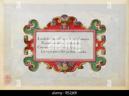 Une inscription sur l'une des victoires militaires de l'Empereur Charles V d'Espagne. . Une série de 12 miniatures illustrant les victoires de l'Empereur Charles V. en quatrains descriptifs en espagnol. Anvers. Une série de 12 miniatures illustrant les victoires de l'Empereur Charles V. en quatrains descriptifs en espagnol. Chaque miniature, y compris une bordure de 3/4 de pouce de large, mesure 10 1/4 pouces de longueur par 7 pouces de hauteur, et est peint sur le recto d'une feuille de vélin, 11 1/2 x 8 pouces. Source : ajouter. 33733 f.9c. Langue : espagnol. Banque D'Images