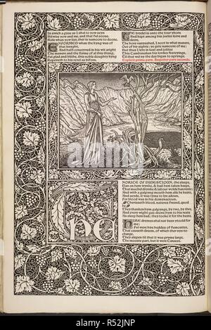 Squire's tale. Les Œuvres de Geoffrey Chaucer nouvellement maintenant imprimée. Kelmscott Press : 75015, 1896. Une femme debout au bord d'une piscine, en regardant un oiseau dans un arbre. Le Squire's tale. Image tirée de l'Œuvre de Geoffrey Chaucer nouvellement maintenant imprimée. (Édité par F. S. Ellis, ornés d'images conçu par Sir Edward Burne-Jones, et gravé sur bois par W.H. Hooper.). Publié à l'origine/produit dans la Kelmscott Press : 75015, 1896. . Source : C.43.h.19,. Langue : Anglais. Banque D'Images