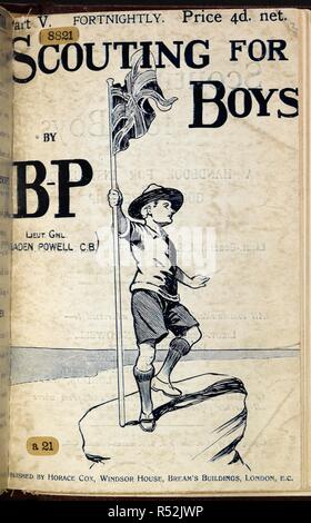 Titre et photo d'un scout tenant un drapeau. Le Scoutisme pour les garçons. Un manuel pour l'enseignement dans la bonne citoyenneté ... L'illustration. Londres : Horace Cox, [1908]. Source : 8821.a.21 partie V capot avant. Auteur : Baden-Powell, Robert. Banque D'Images