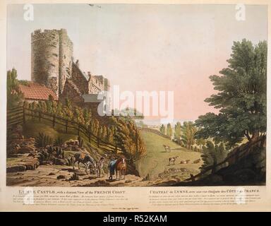 Vue d'un château en ruine avec une tour ronde, entourée d'arbres et d'une clôture en bois, sur une butte à gauche, avec des hommes et des chevaux sur le chemin de l'avant-plan, l'autre pour descendre la pente en direction d'un champ, qui s'élève après un plongeon, où le bétail est le pâturage. Un grand arbre et clôture en bois sur une pente peut être vu à droite au premier plan. LYMNE château, avec une vue éloignée sur la CÔTE FRANÇAISE.  = CHATEAU DE LYMNE, avec une vue Ã©loignÃ©e des CÃ"TES DE FRANCE. Londres : Jany 1790 publiée par Jukes., [Janvier 1790]. L'aquatinte et la gravure avec la main-coloration. Source : Maps K.Haut.18.34.1. Langue : anglais et F Banque D'Images