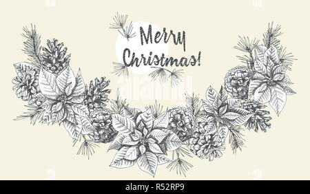 Jardin botanique de l'encre réalistes sapin avec des branches de pin et de fleurs poinsettia isolé sur bonne idée de base pour concevoir des invitations, cartes postales, label Illustration de Vecteur