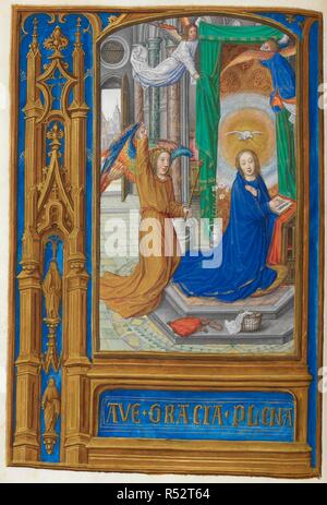 Sept joies de la Vierge. L'Annonciation : l'Ange Gabriel apparaît à la Vierge Marie, dans un cadre architectural. Livre d'heures. S. Pays-bas (Bruges ou Gand), vers 1500. Source : ajouter. 35313, f.56v. Langue : le latin. Auteur : HORENBOUT, GERARD. Banque D'Images