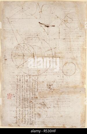 Dessins de Leonardo Da Vinici sur sur les pouvoirs et les forces mécaniques, percussion, gravité, mouvement, l'optique et l'astronomie, avec diverses propositions arithmétiques et géométriques. Leonardo Da Vinci's rough livre des observations. L'Italie, au début du 16e siècle. Écrit à l'envers dans la main de l'auteur, et illustrée par des schémas et des délimitations. Leonardo Da Vinci's livre rugueux d'observations et des démonstrations sur des sujets principalement des mathématiques mixtes., étant sans rapport des notes écrites par lui, à différents moments, à compter du 22 mars,1508. Source : Arundel 263, f.95v. Langue : Italien. Banque D'Images