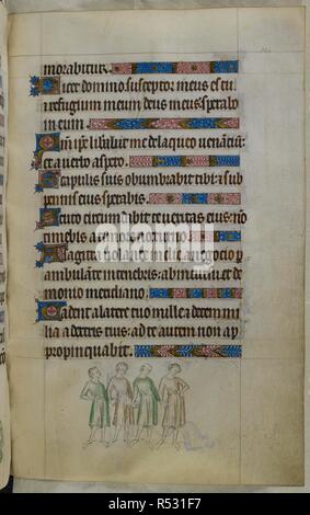 Bas-de-page scène de quatre hommes debout dans une rangée, avec leurs mains jointes ensemble. Psautier ('Le psautier de la Reine Mary"). Angleterre (Londres/Westminster ou East Anglia ?) ; entre 1310 et 1320. Source : Royal 2 B. VII, f.204. Langue : Français de l'Amérique latine, avec les légendes des images. Banque D'Images