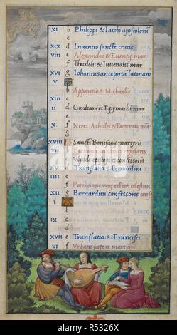 Ensemble folio) page de calendrier pour le mois de mai. Gemini ; historiés frontière avec paysage boisé, un couple jouant de la flûte et le luth et un autre couple avec un livre, le chant. Livre d'heures. France, 16ème siècle. Ensemble (folio) page de calendrier pour le mois de mai. Gemini ; historiés frontière avec paysage boisé, et un couple jouant de la flûte et le luth, et un autre couple avec réserve, chant image prise à partir de la réserve d'heures. Publié à l'origine/produit en France, 16ème siècle. . Source : ajouter. 35315, f.3c. Langue : le latin. Banque D'Images