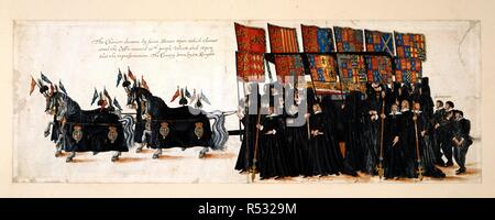 Les funérailles de la Reine Elizabeth I de l'abbaye de Westminster, le 28 avril 1603. Le char est tiré par quatre chevaux. Le cercueil est recouvert de velours pourpre sur lequel se trouve une effigie de la Reine. La canopée est né par six chevaliers, avec Messieurs les retraités et les hommes. Funérailles de la reine Elizabeth. [1603]. Début du 17e siècle. [Ensemble] dessin aux funérailles de la Reine Elizabeth I de l'abbaye de Westminster, le 28 avril 1603. Le char est tiré par quatre chevaux. Le cercueil est recouvert de velours pourpre sur lequel se trouve une effigie de la Reine. La canopée est né par six chevaliers, avec messieurs Pen Banque D'Images