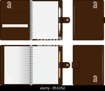 Ordinateur portable brun réaliste immersive pour la marque et l'identité de l'entreprise. Le bloc-notes avec stylo et crayon vector illustration isolé sur fond blanc Illustration de Vecteur