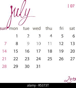 Modèle de calendrier fixé pour l'année 2019 dans un fichier vectoriel. Organisateur d'élément de conception pour l'impression ou des applications. Intervalles réguliers. Illustration de Vecteur
