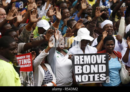 Harare, Zimbabwe. 29 Nov, 2018. Les partisans du MDC, principal parti d'opposition zimbabwéen de protestation de l'Alliance à Harare, Zimbabwe, le 29 novembre 2018. Principal parti d'opposition zimbabwéen MDC le jeudi de l'Alliance ont organisé une manifestation dans la capitale, Harare, pour protester contre la dégradation de la situation économique et a appelé à un dialogue politique pour résoudre la crise. Credit : Shaun Jusa/Xinhua/Alamy Live News Banque D'Images