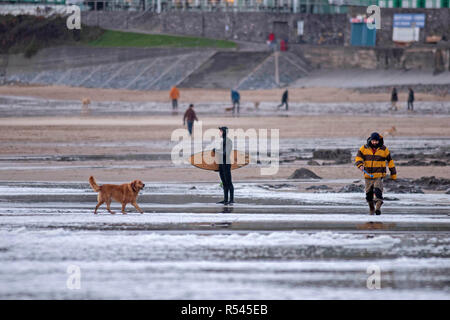 Swansea, Royaume-Uni. 29 Nov, 2018. Météo France : Les gens promènent leurs chiens à Langland Bay près de Swansea cet après-midi que Storm Diana batters le Royaume-Uni avec les vents violents et les fortes pluies. Credit : Phil Rees/Alamy Live News Banque D'Images