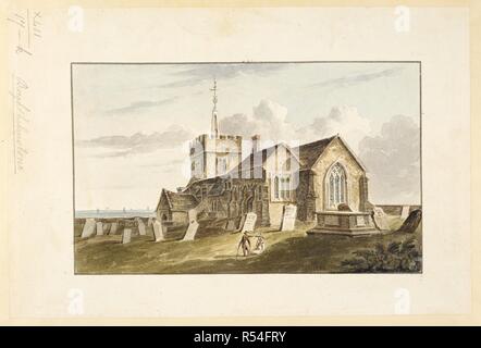 Un homme et une femme dans le cimetière de la Saint-Nicolas, église à Brighthelmstone pierres tombales ; tout au long de la scène ; la mer au loin ; les navires à l'horizon. Église Brighthelmstone. c. 1790-1810. Source : Maps K.Haut.42.17.k. Langue : Anglais. Auteur : Hassell, John. Banque D'Images