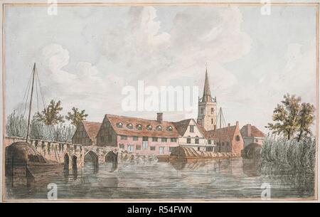 La Tamise en premier plan ; bateaux et un pont vers la gauche ; la ville d'Abingdon et l'église de St Helen's dans le centre. Abingdon Berkshire. [Angleterre] : [éditeur non identifiés], [à propos de 1790-1810]. Avec gravure main-coloration. Source : Maps K.Haut.7.32.a. Banque D'Images