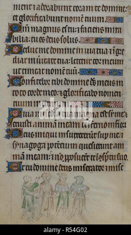 Bas-de-page scène montrant quatre hommes debout dans une ligne, le chant. Psautier de la reine Mary. Angleterre (Londres) ; années 1310-1320. Source : Royal 2 B. VII, f.196v. Langue : le latin. Banque D'Images