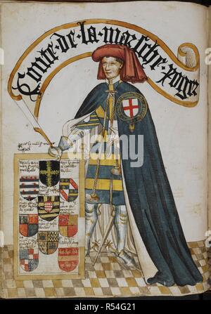 Portrait de Roger Mortimer, comte de March, un chevalier fondateur de l'ordre de la Jarretière, le port d'un porte-jarretelles bleu manteau sur l'armure de plaque et surcoat avec son bras. Livre illustré d'armoiries de l'ordre de la jarretière ('William Bruges's Garter Book'). L'Angleterre, S. E. (probablement à Londres) ; c. 1430- c. 1440 (avant 1450). Source : Stowe 594, f.15v. Langue : Anglais. Banque D'Images