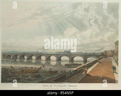 Une vue de la Tamise, avec Somerset House Terrasse sur la droite, une grande barge entouré par de plus petits bateaux sur la rivière vers la gauche, au-delà de Waterloo Bridge et l'abbaye de Westminster dans la distance. Vue de Waterloo Bridge, à partir de l'extrémité est de Somerset House, d'une terrasse. Londres : paru le 12 avril 1818 à R. ACKERMANN Référentiel du des Arts, 101 Strand., [12 avril 1818]. L'aquatinte et la gravure avec la main-coloration. Source : Maps K.Haut.22.40.ch. Langue : Anglais. Auteur : Stadler, Joseph C. Banque D'Images