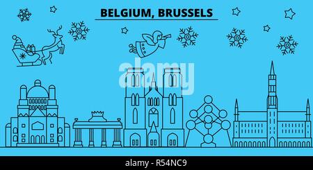 Belgique, Bruxelles vacances d'hiver. Joyeux Noël, Bonne année bannière décorée avec le Père Noël.Belgique, Bruxelles, ville de noël télévision linéaire vector illustration Illustration de Vecteur