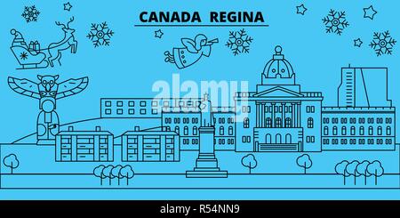 Canada, Regina vacances d'hiver. Joyeux Noël, Bonne année bannière décorée avec le Père Noël.Canada, Regina ville noël télévision linéaire vector illustration Illustration de Vecteur