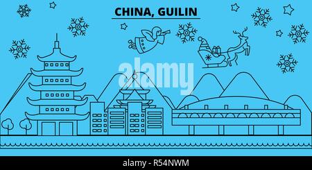 Chine, Guilin vacances d'hiver. Joyeux Noël, Bonne année bannière décorée avec le Père Noël.Chine Guilin, ville de noël télévision linéaire vector illustration Illustration de Vecteur