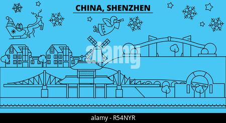 La Chine, Shenzhen les vacances d'hiver, d'horizon. Joyeux Noël, Bonne année bannière décorée avec le Père Noël.Chine, Shenzhen ville noël télévision linéaire vector illustration Illustration de Vecteur