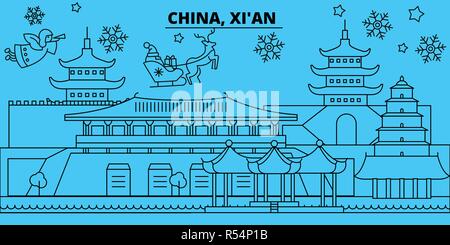 La Chine, Xian les vacances d'hiver, d'horizon. Joyeux Noël, Bonne année bannière décorée avec le Père Noël.La Chine, Xian ville noël télévision linéaire vector illustration Illustration de Vecteur