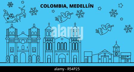 La Colombie, Medellin vacances d'hiver. Joyeux Noël, Bonne année bannière décorée avec le Père Noël.Télévision, contour vector.Colombie, Medellin noël illustration ville linéaire Illustration de Vecteur