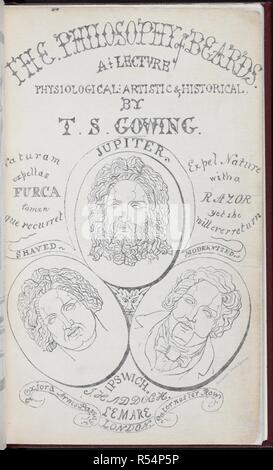 Page de titre représentant trois hommes avec différents styles de cheveux du visage notamment Jupiter. La philosophie de la barbe. Une conférence, physiologiques, artistique et historique. p. iv. 72. J. Aiglefin : Ipswich, [1850 ?]. Source : 7409.b.20. Page de titre. Auteur : Gowing, Thomas S. Banque D'Images