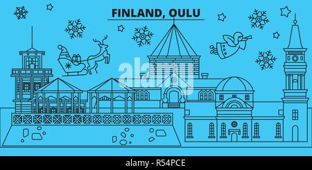 La Finlande, Oulu vacances d'hiver. Joyeux Noël, Bonne année bannière décorée avec le Père Noël.Finlande Oulu, ville de noël télévision linéaire vector illustration Illustration de Vecteur