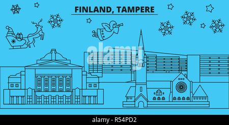 La Finlande, Tampere vacances d'hiver. Joyeux Noël, Bonne année bannière décorée avec le Père Noël.La Finlande, Tampere Ville noël télévision linéaire vector illustration Illustration de Vecteur