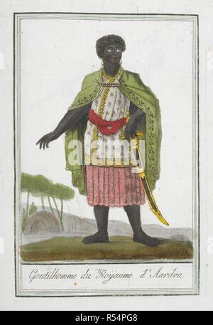 Gentilhomme du Royaume d'ARDRA. Un homme d'ARDRA. Grand Ardra était un royaume de l'Afrique de l'Ouest situé dans la partie historique de ce qui est maintenant le sud du Bénin. EncyclopeÌdie des voyages, contenant l'abreÌgeÌ historique des mÅ"urs ... de tous les peuples : Et la collection complette de leurs habillemens civils, militaires, religieux et dignitaires, dessineÌs d'apreÌ€s nature, ... et colorieÌs aÌ€ l'aquarelle. Paris, 1796. Source : 1259.b.13-17, tom. La plaque d'Afrique 33. Langue : Français. Auteur : GRASSET DE SAINT-SAUVEUR, JACQUES. Banque D'Images