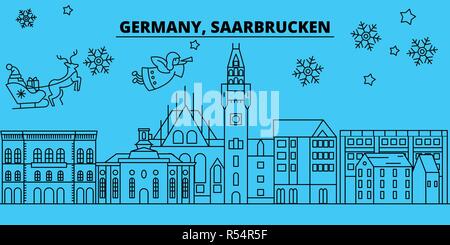 L'Allemagne, Sarrebruck vacances d'hiver. Joyeux Noël, Bonne année bannière décorée avec le Père Noël.Télévision, contour vector.L'Allemagne, Sarrebruck noël illustration ville linéaire Illustration de Vecteur